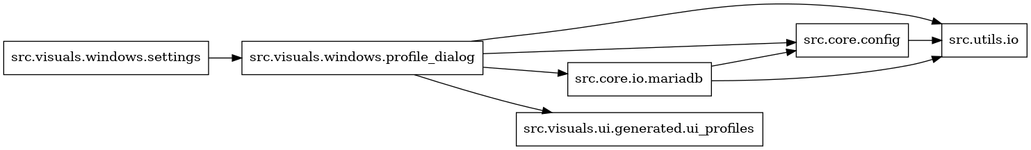 digraph imports {
  rankdir=LR;
  node [shape=box];
  "src.core.config" -> "src.utils.io";
  "src.core.io.mariadb" -> "src.core.config";
  "src.core.io.mariadb" -> "src.utils.io";
  "src.visuals.windows.profile_dialog" -> "src.core.config";
  "src.visuals.windows.profile_dialog" -> "src.core.io.mariadb";
  "src.visuals.windows.profile_dialog" -> "src.utils.io";
  "src.visuals.windows.profile_dialog" -> "src.visuals.ui.generated.ui_profiles";
  "src.visuals.windows.settings" -> "src.visuals.windows.profile_dialog";
}