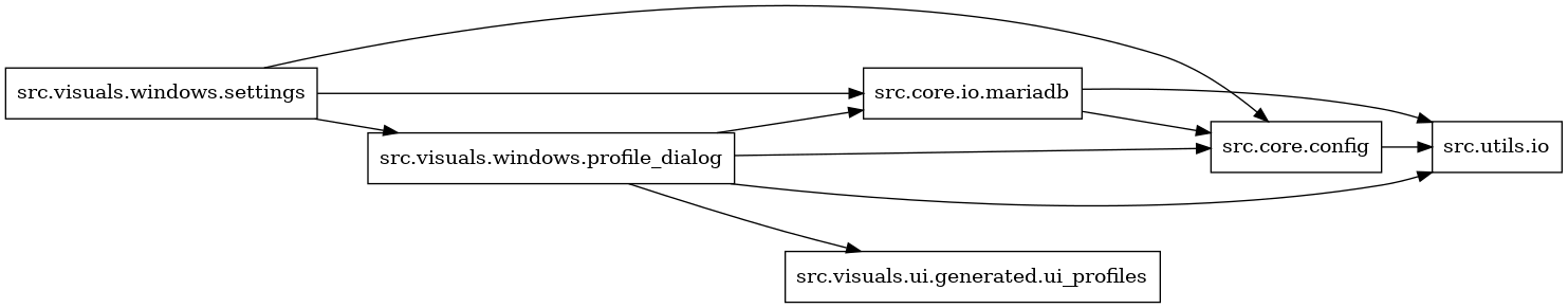 digraph imports {
  rankdir=LR;
  node [shape=box];
  "src.core.config" -> "src.utils.io";
  "src.core.io.mariadb" -> "src.core.config";
  "src.core.io.mariadb" -> "src.utils.io";
  "src.visuals.windows.profile_dialog" -> "src.core.config";
  "src.visuals.windows.profile_dialog" -> "src.core.io.mariadb";
  "src.visuals.windows.profile_dialog" -> "src.utils.io";
  "src.visuals.windows.profile_dialog" -> "src.visuals.ui.generated.ui_profiles";
  "src.visuals.windows.settings" -> "src.core.config";
  "src.visuals.windows.settings" -> "src.core.io.mariadb";
  "src.visuals.windows.settings" -> "src.visuals.windows.profile_dialog";
}